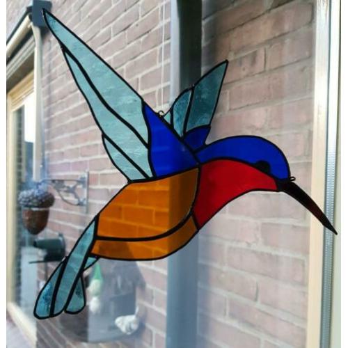 Kolibrie VOGEL blauw Tiffany Glas in lood Raamdecoratie
