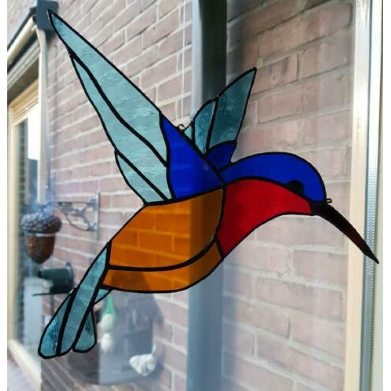 Kolibrie VOGEL blauw Tiffany Glas in lood Raamdecoratie