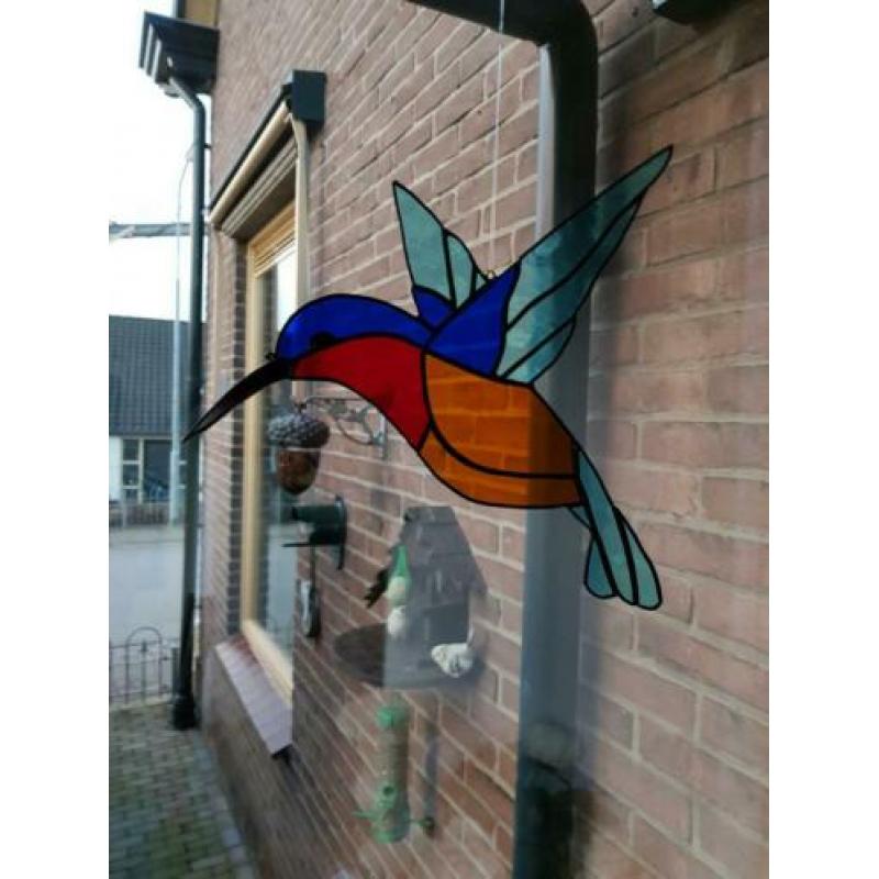 Kolibrie VOGEL blauw Tiffany Glas in lood Raamdecoratie