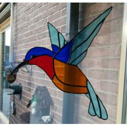 Kolibrie VOGEL blauw Tiffany Glas in lood Raamdecoratie
