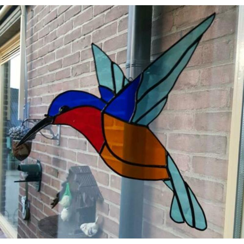 Kolibrie VOGEL blauw Tiffany Glas in lood Raamdecoratie