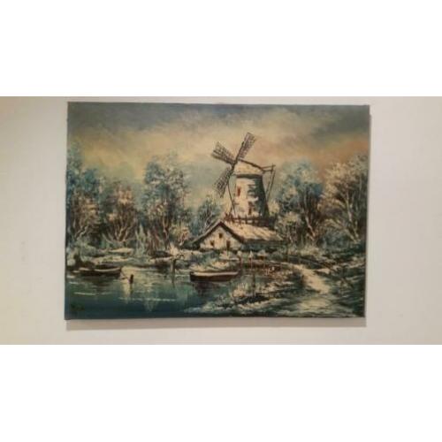 Schilderij, olieverf, 48 jaar oud, Molen in winterlandschap