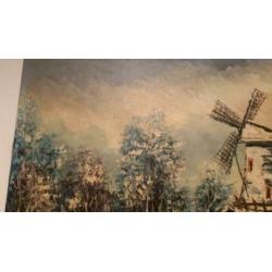 Schilderij, olieverf, 48 jaar oud, Molen in winterlandschap