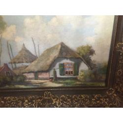 Een schilderij met een oud boerenhuis met hooiberg