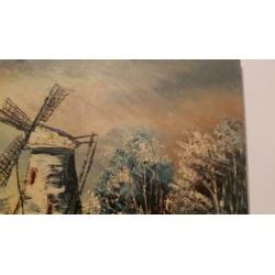 Schilderij, olieverf, 48 jaar oud, Molen in winterlandschap