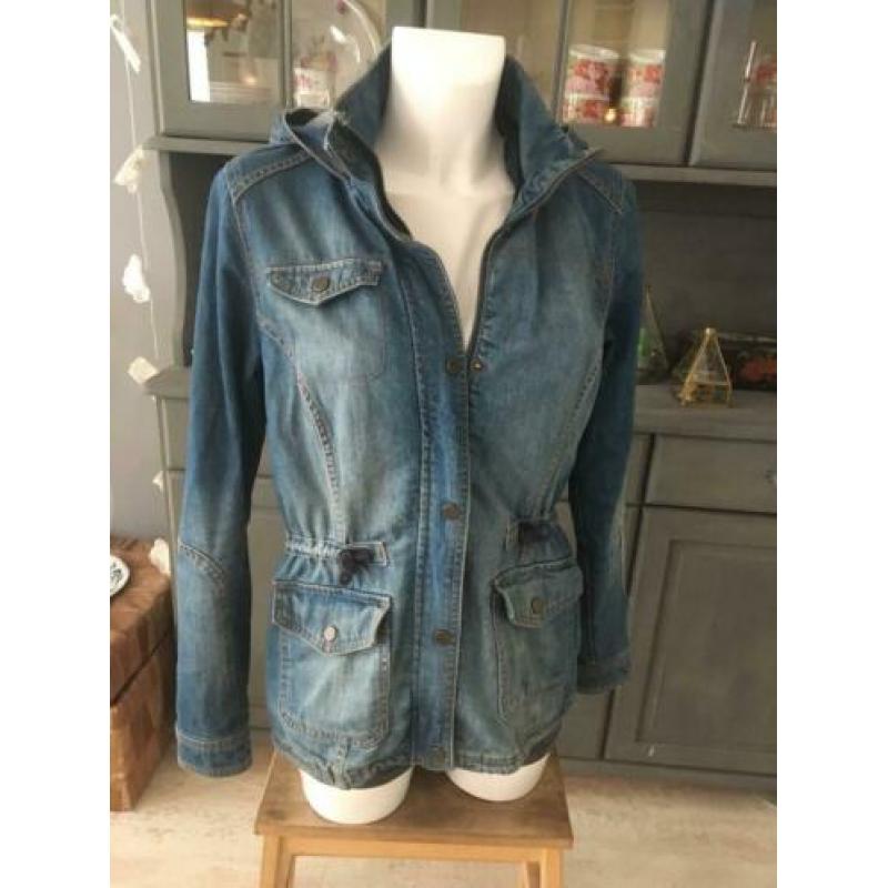 Stoere spijker jas (tussenjas) met capuchon maat 38