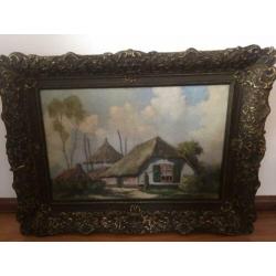 Een schilderij met een oud boerenhuis met hooiberg