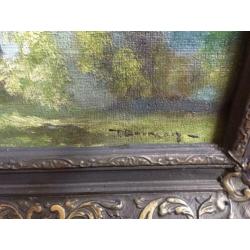 Een schilderij met een oud boerenhuis met hooiberg