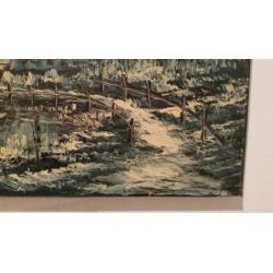 Schilderij, olieverf, 48 jaar oud, Molen in winterlandschap