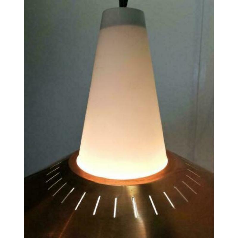 Hanglamp, Deens jaren 70, koper, melkglas, vinatge