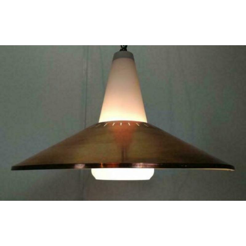 Hanglamp, Deens jaren 70, koper, melkglas, vinatge