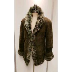 Echte lammy coat - maat L - groene schapenvacht en suede