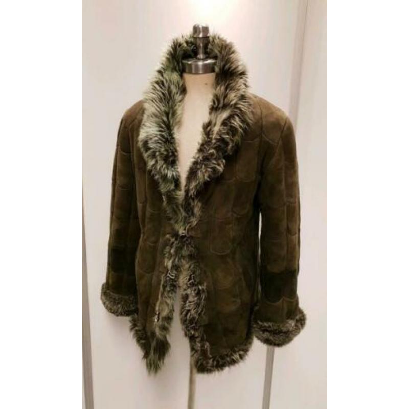 Echte lammy coat - maat L - groene schapenvacht en suede