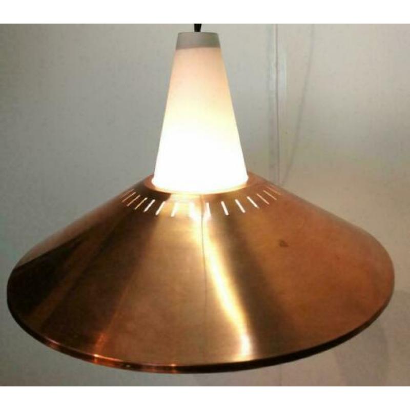 Hanglamp, Deens jaren 70, koper, melkglas, vinatge