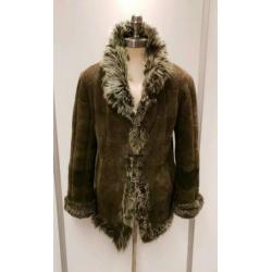 Echte lammy coat - maat L - groene schapenvacht en suede