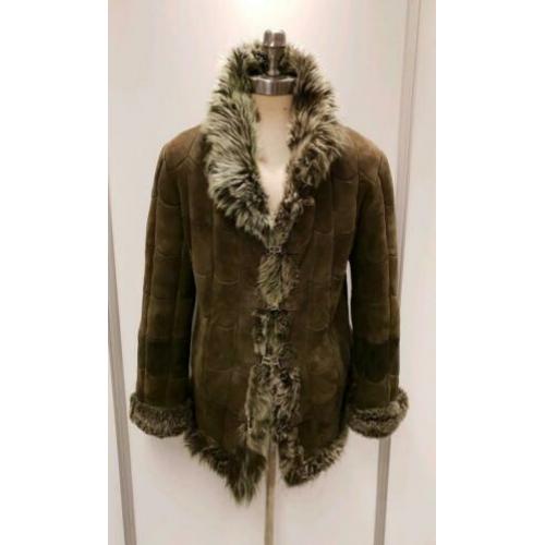 Echte lammy coat - maat L - groene schapenvacht en suede