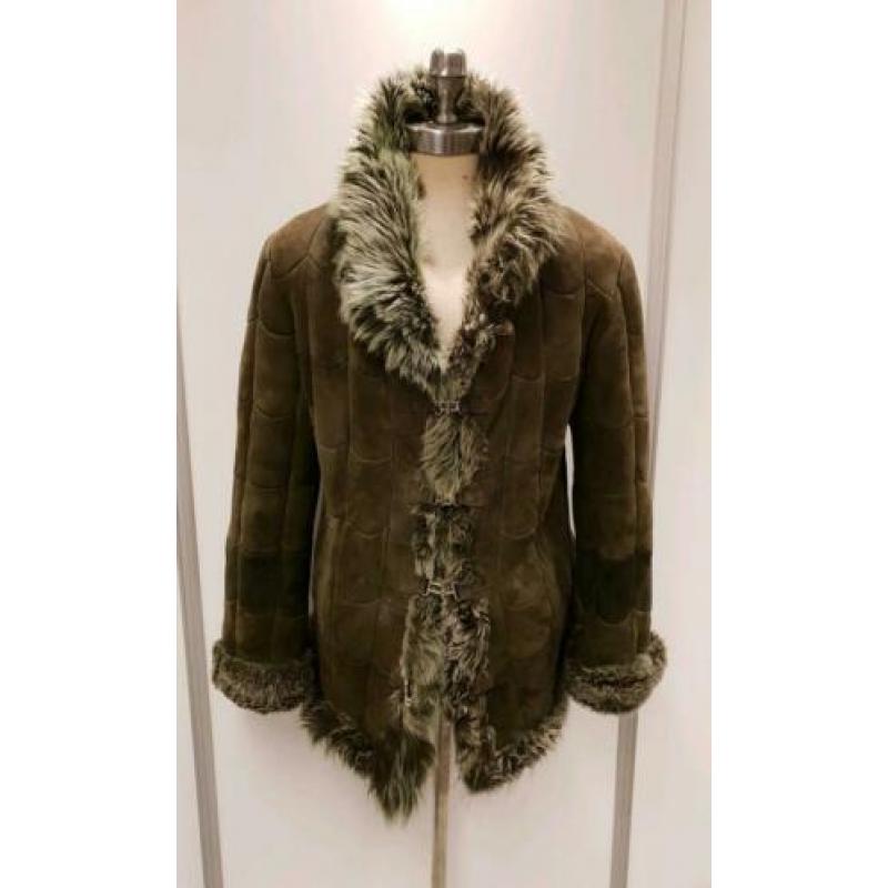Echte lammy coat - maat L - groene schapenvacht en suede