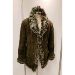 Echte lammy coat - maat L - groene schapenvacht en suede