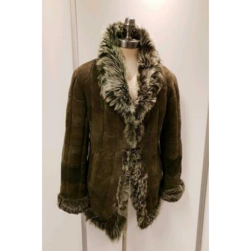 Echte lammy coat - maat L - groene schapenvacht en suede