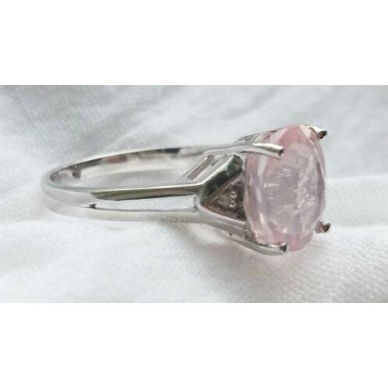 14k witgouden 925 zilveren ring, rozenkwarts, klassiek mt 17