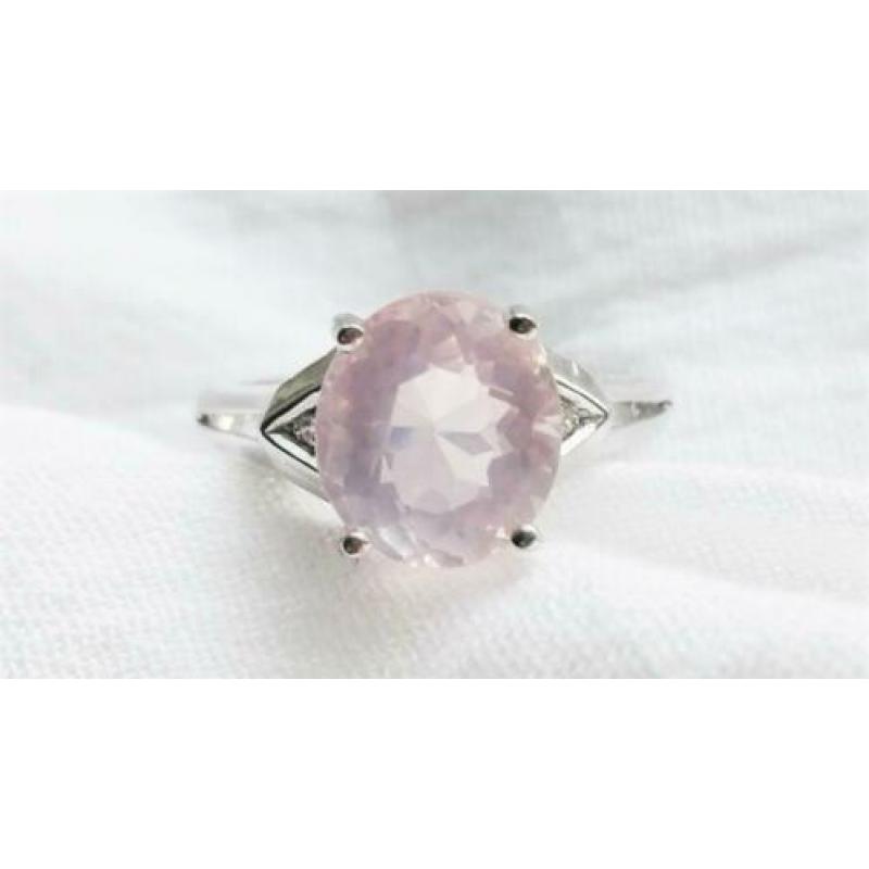 14k witgouden 925 zilveren ring, rozenkwarts, klassiek mt 17
