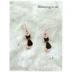 H.A. - Rosé Gold Plated Oorhangers - Cat - Zwart - Emaille