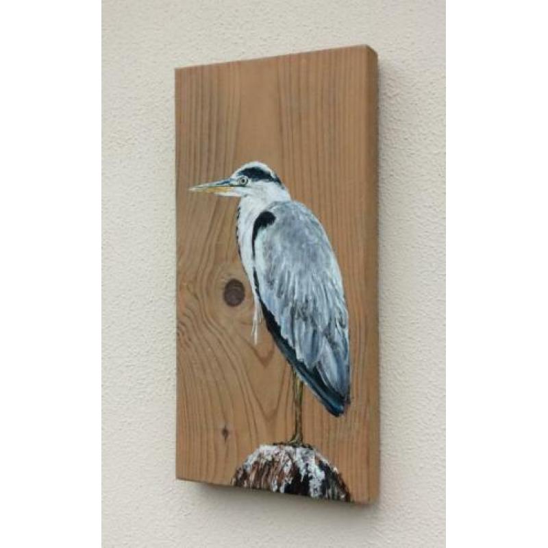 Handgeschilderd schilderij 2x Reiger op steigerhout