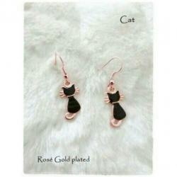 H.A. - Rosé Gold Plated Oorhangers - Cat - Zwart - Emaille