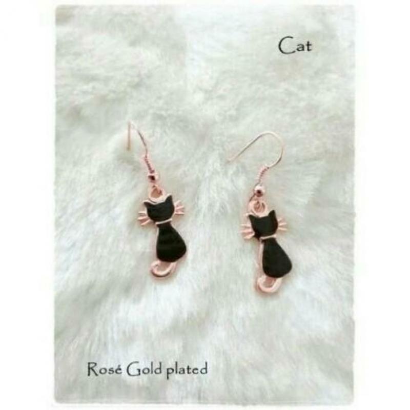 H.A. - Rosé Gold Plated Oorhangers - Cat - Zwart - Emaille