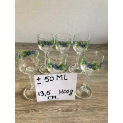 6 NIEUWE borrelglaasjes borrel glazen op voet met bloemen