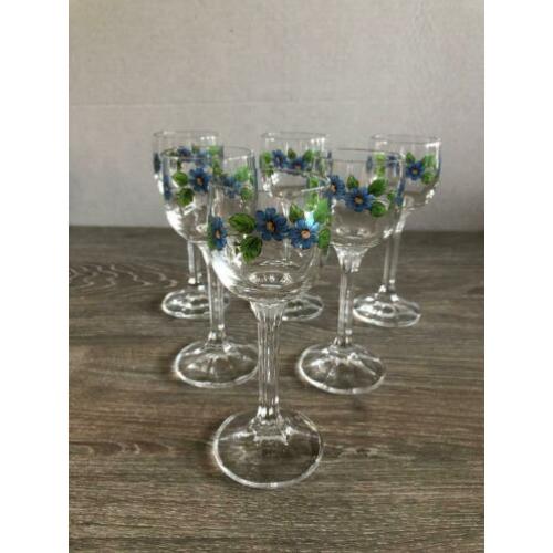 6 NIEUWE borrelglaasjes borrel glazen op voet met bloemen