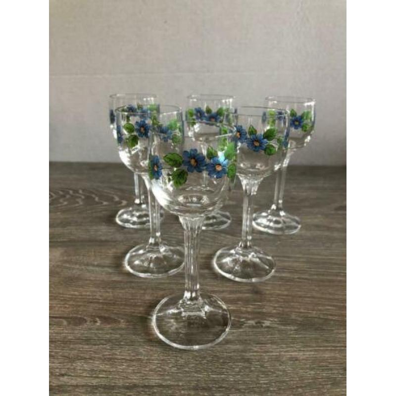 6 NIEUWE borrelglaasjes borrel glazen op voet met bloemen