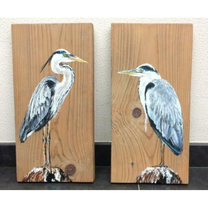 Handgeschilderd schilderij 2x Reiger op steigerhout