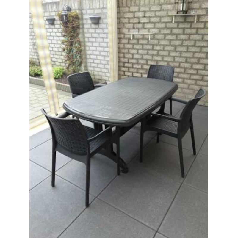 Kunststof Tuinset Tafel met 4 x stoelen kleur antraciet