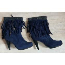 Enkellaarsjes suede mt 39 zgan donkerblauw met franjes