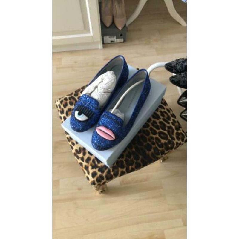 Chiara Ferragni loafers eye mouth blauw glitter maat 37.