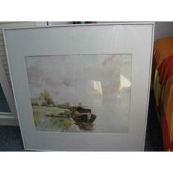 Aquarel met lijst en passepatou van P.Frickel
