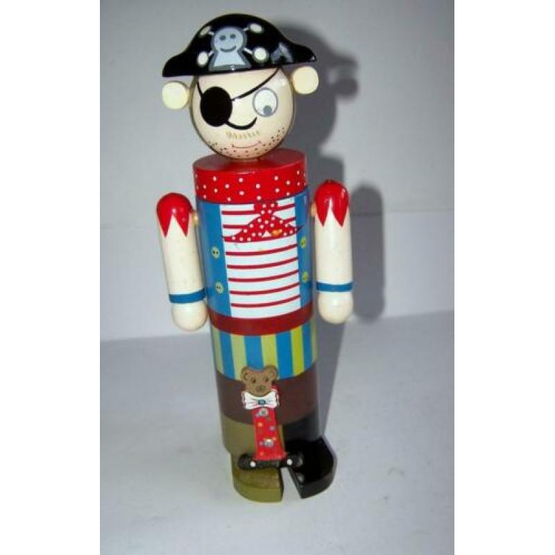Mooie houten spaarpot Piraat. H. 25cm. Izgs.
