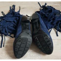 Enkellaarsjes suede mt 39 zgan donkerblauw met franjes
