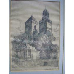 Ets Nicolaikerk Utrecht gesigneerd +ingelijst 26.5 x 21.5cm
