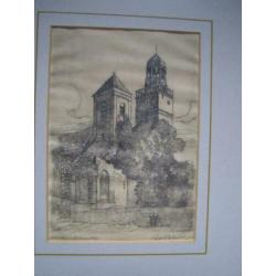 Ets Nicolaikerk Utrecht gesigneerd +ingelijst 26.5 x 21.5cm