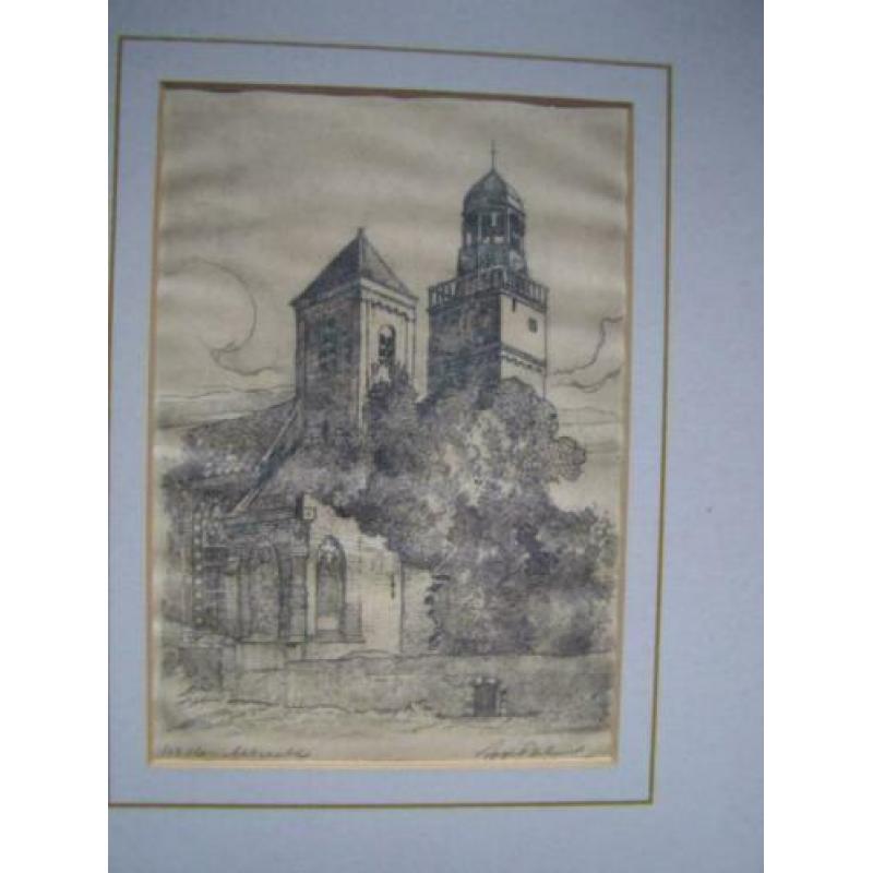 Ets Nicolaikerk Utrecht gesigneerd +ingelijst 26.5 x 21.5cm
