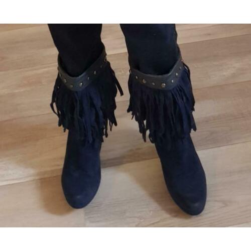 Enkellaarsjes suede mt 39 zgan donkerblauw met franjes