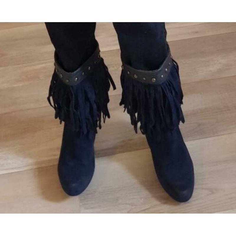 Enkellaarsjes suede mt 39 zgan donkerblauw met franjes