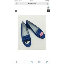 Chiara Ferragni loafers eye mouth blauw glitter maat 37.