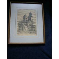 Ets Nicolaikerk Utrecht gesigneerd +ingelijst 26.5 x 21.5cm