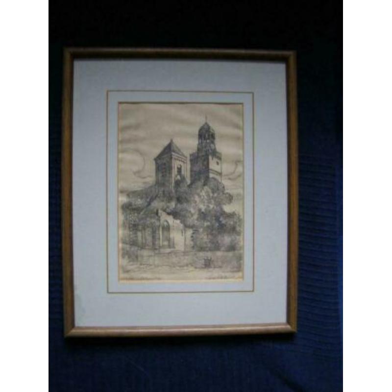 Ets Nicolaikerk Utrecht gesigneerd +ingelijst 26.5 x 21.5cm