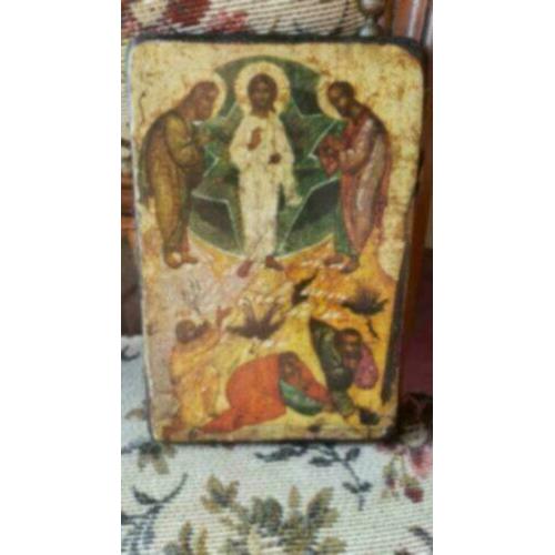 oud houten plaatje met religieuze afbeelding en opschrift