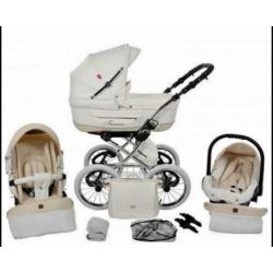 Retro style kinderwagen wit leer