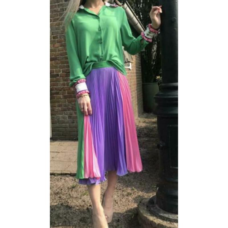 DENNY ROSE plissé rok paars/groen/roze 34, 36 en 38